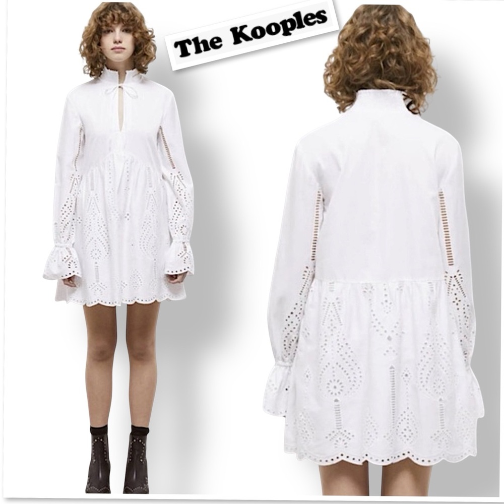 The Kooples Paris White Mini Dress With Broderie Anglaise Long Sleeve Size 2 - Picture 2 of 12